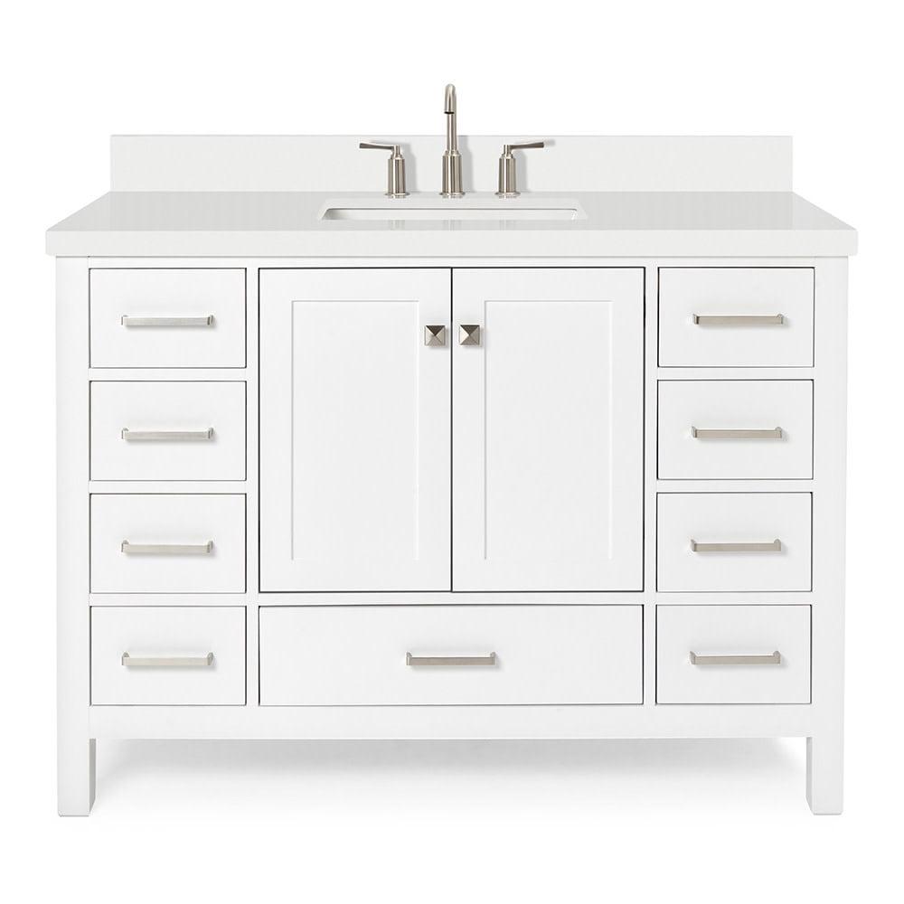 ARIEL 49" Bathroom Vanity with 1.5" Edge Pure White Quartz Countertop & Backsplash, Center Rectangular Sink, 2 Soft Closing Doors, 9 Full Extension Dovetail Drawers, Brushed Nickel - White