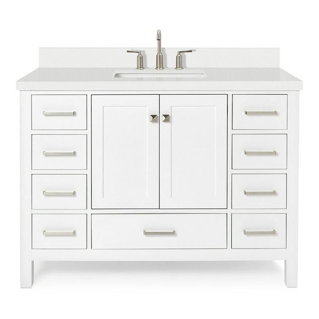 ARIEL 49" Bathroom Vanity with 1.5" Edge Pure White Quartz Countertop & Backsplash, Center Rectangular Sink, 2 Soft Closing Doors, 9 Full Extension Dovetail Drawers, Brushed Nickel - White