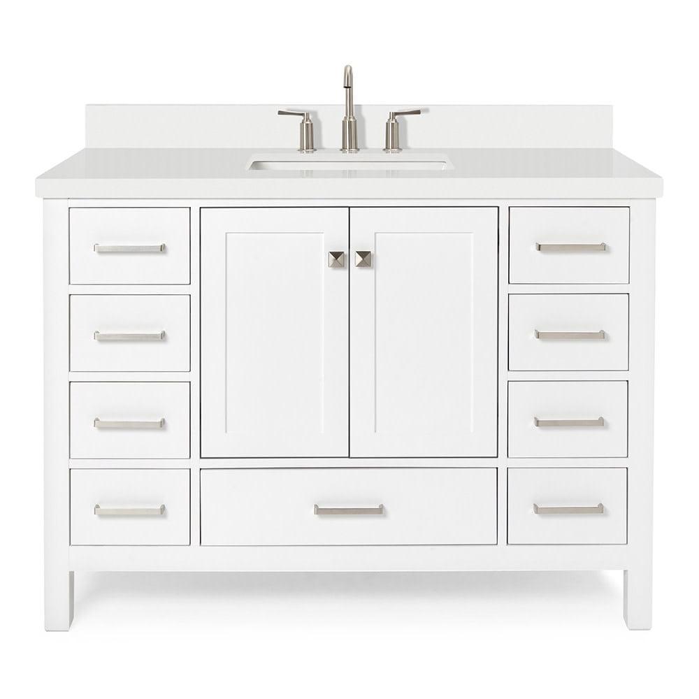 ARIEL 49" Bathroom Vanity with 1.5" Edge Pure White Quartz Countertop & Backsplash, Center Rectangular Sink, 2 Soft Closing Doors, 9 Full Extension Dovetail Drawers, Brushed Nickel - White