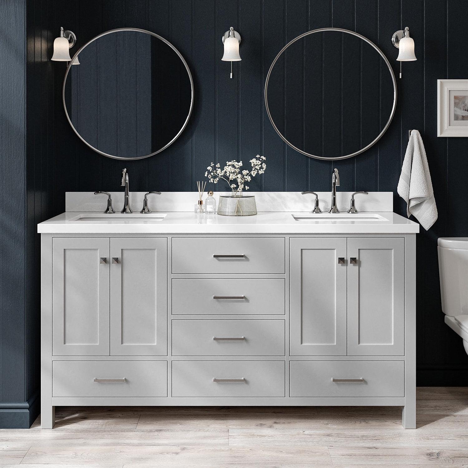 ARIEL 67" Grey Double Bathroom Vanity with 1.5" Edge Pure White Quartz Countertop & Backsplash, 2 Rectangular Sinks, 4 Soft Closing Doors, 6 Full Extension Dovetail Drawers, Brushed Nickel