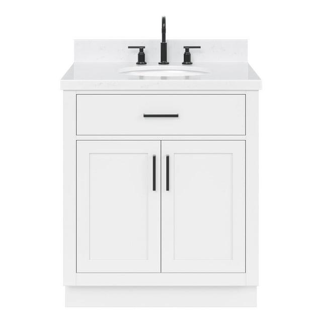 Wildon Home® Tidworth 30'' Solid Wood Single Bathroom Vanity with 1.5'' Carrara Quartz Top, Rectangular Sink
