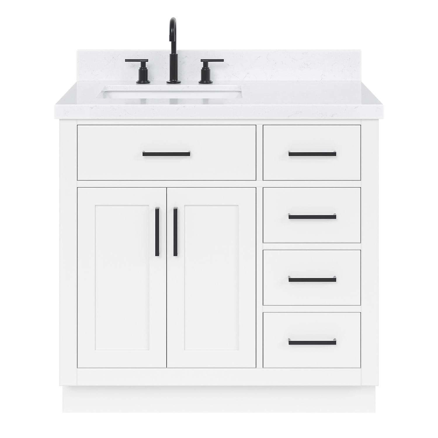 Wildon Home® Tidworth 36'' Solid Wood Single Bathroom Vanity with 1.5'' Carrara Quartz Top, Right Offset Rectangular Sink