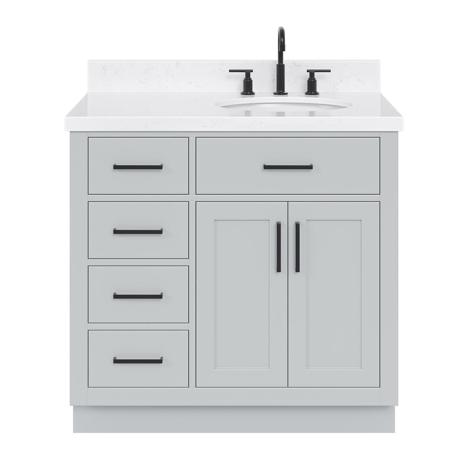 Thornaby 36'' Solid Wood Single Bathroom Vanity with 1.5'' Carrara Quartz Top, Left Offset Oval Sink