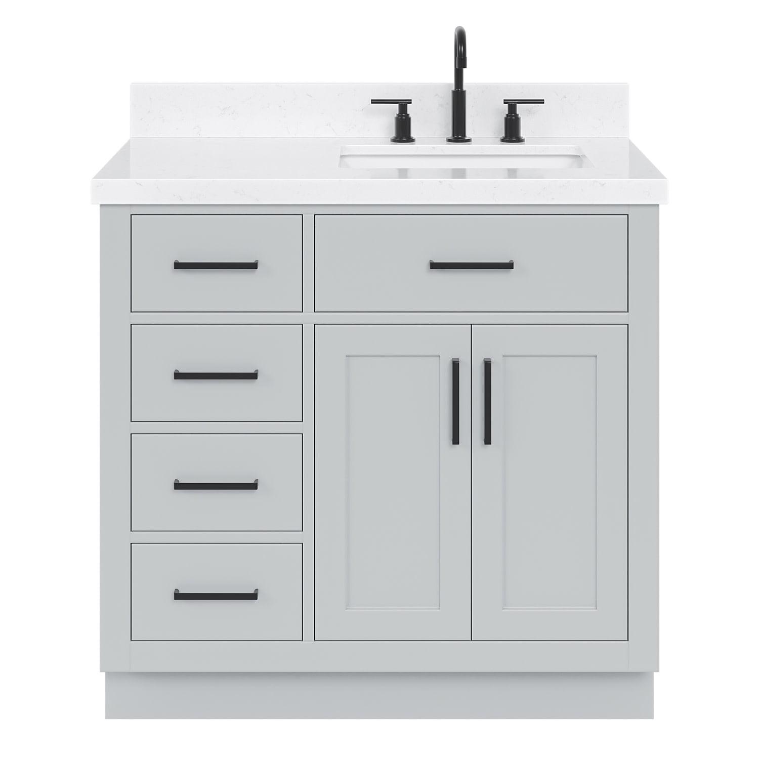 Thornaby 36'' Solid Wood Single Bathroom Vanity with 1.5'' Carrara Quartz Top, Left Offset Oval Sink