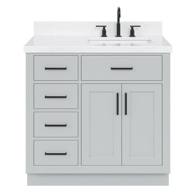 Thornaby 36'' Solid Wood Single Bathroom Vanity with 1.5'' Carrara Quartz Top, Left Offset Oval Sink