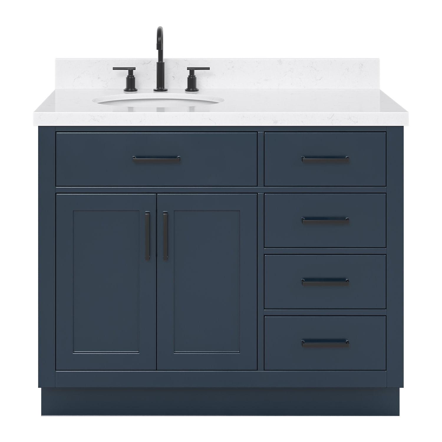 Hokku Designs Thornaby 42'' Solid Wood Single Bathroom Vanity with 1.5'' Carrara Quartz Top, Right Offset Oval Sink