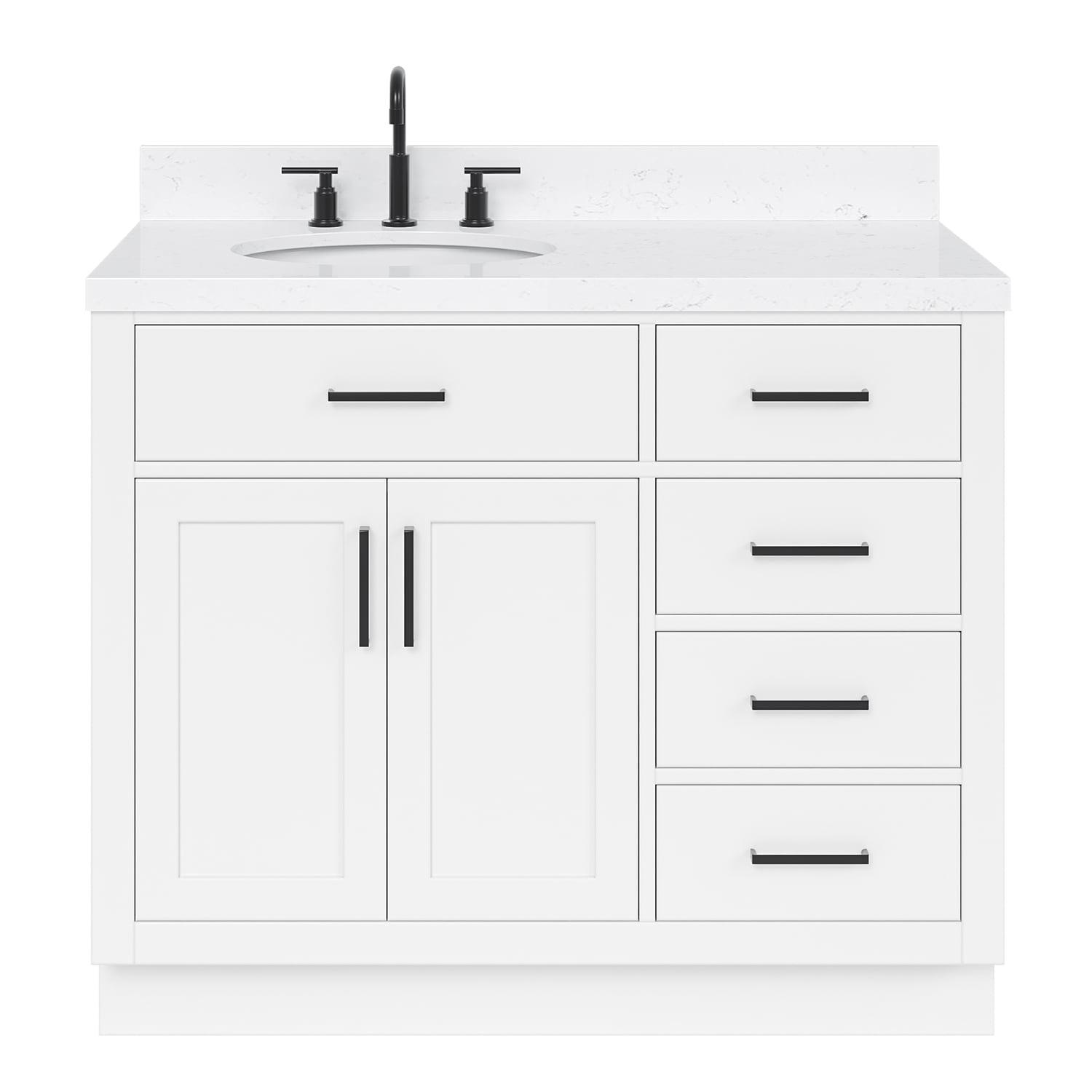 Hokku Designs Thornaby 42'' Solid Wood Single Bathroom Vanity with 1.5'' Carrara Quartz Top, Left Offset Oval Sink