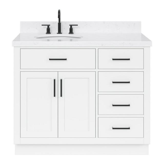 Hokku Designs Thornaby 42'' Solid Wood Single Bathroom Vanity with 1.5'' Carrara Quartz Top, Left Offset Oval Sink