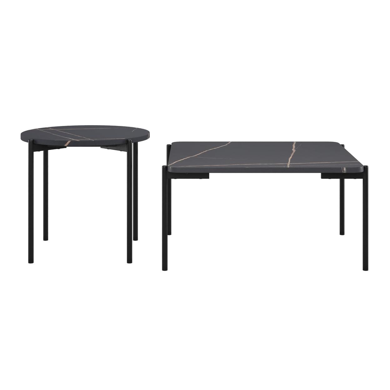 2pc Arlo Coffee Table Set Black Faux Marble - CorLiving: Durable Iron Frame, MDF Top, Modern Design