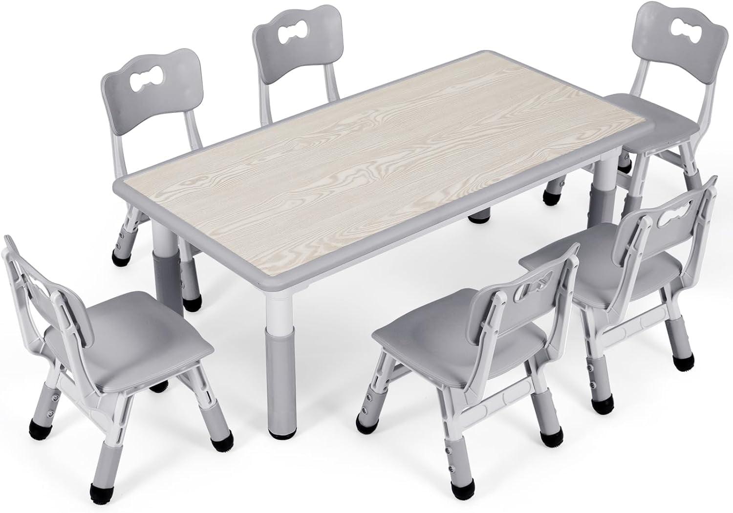 Gray Adjustable Kids Table and 6 Chairs Set with Graffiti Tabletop