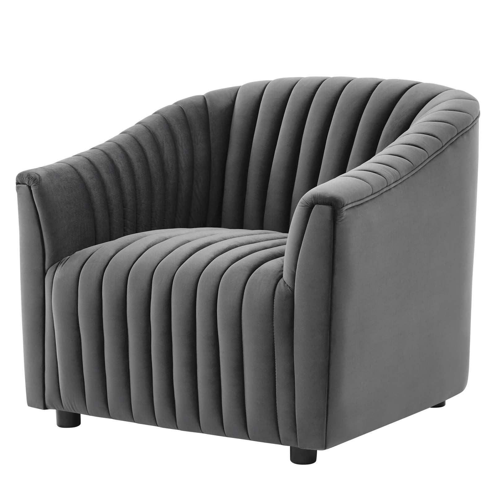 Charcoal Gray Velvet Channel Tufted Armchair with Wood Accents