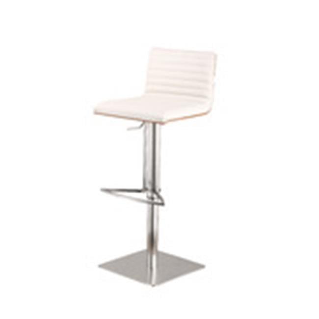 Armen Living Indoor Café Adjustable Height Swivel White Faux Leather and Walnut Bar Stool with Brushed Stainless Steel Base