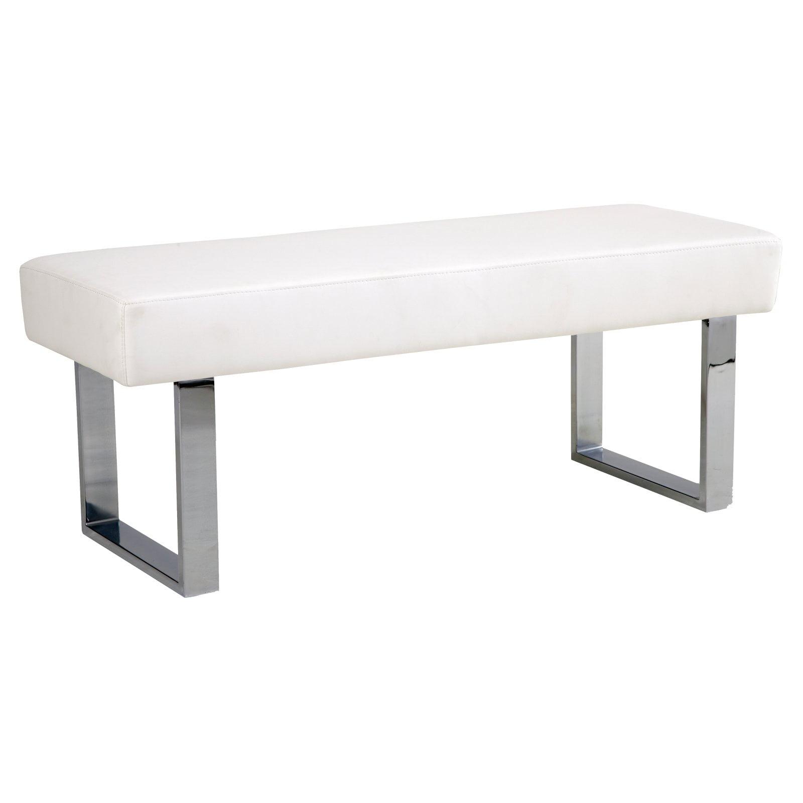 Modern White 48" Faux Leather Bench with Chrome Metal Frame