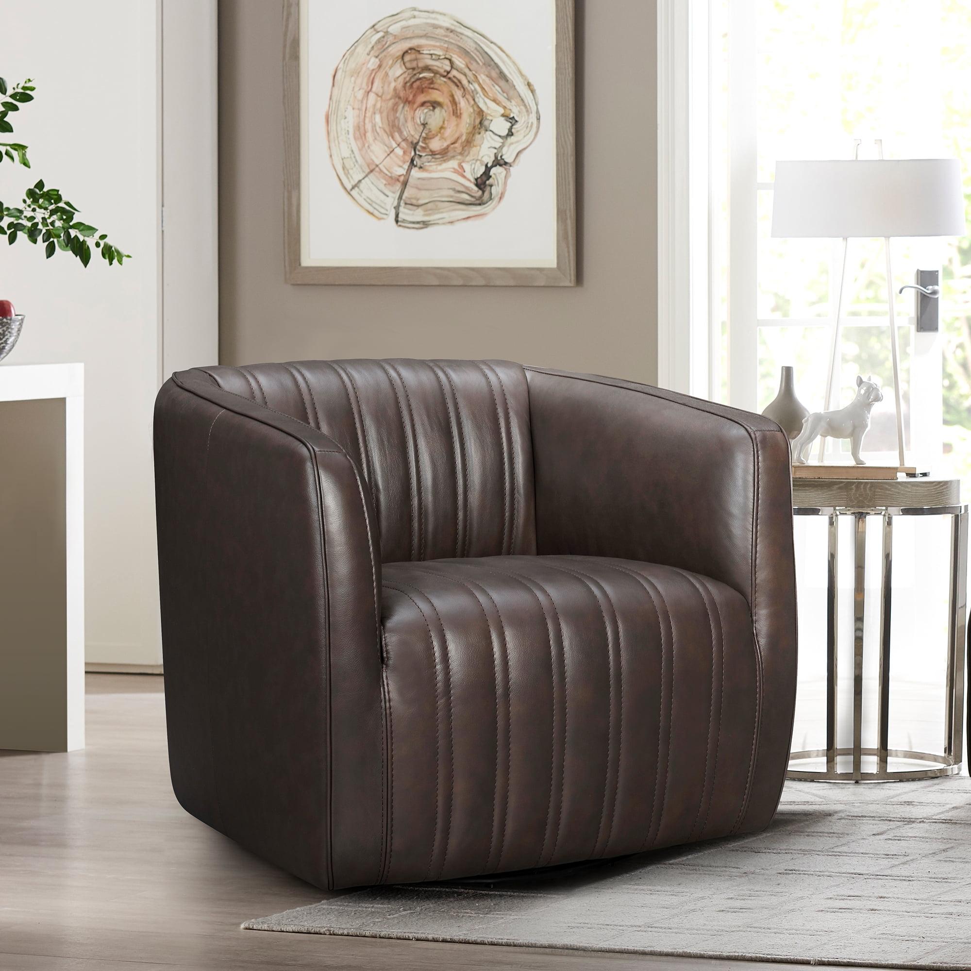 Espresso Geometric Leather Swivel Barrel Accent Chair