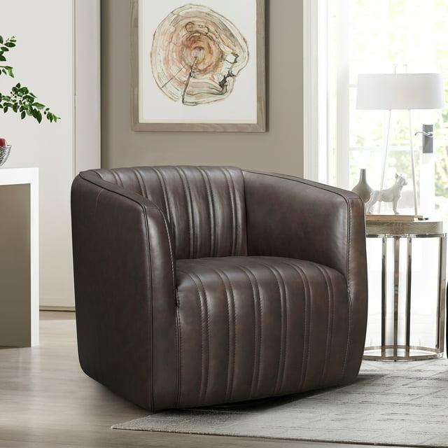 Armen Living Aries 17" Modern Leather Swivel Barrel Chair in Espresso