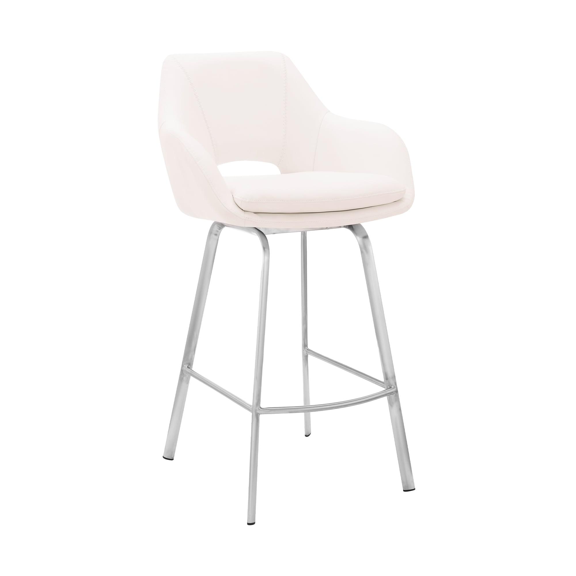 Armen Living Indoor Aura White Faux Leather and Brushed Stainless Steel Swivel 26" Counter Stool