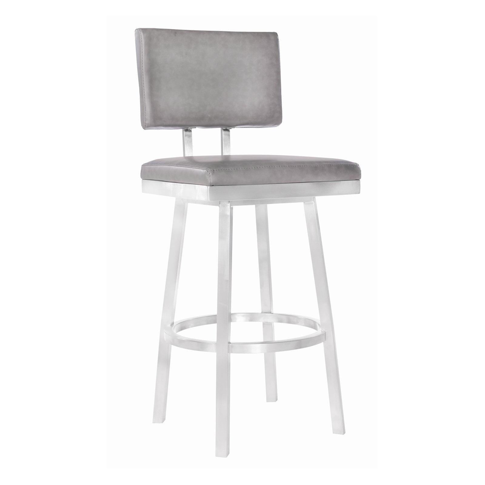 Transitional Gray Leather Swivel Barstool with Metal Base, 39.5"