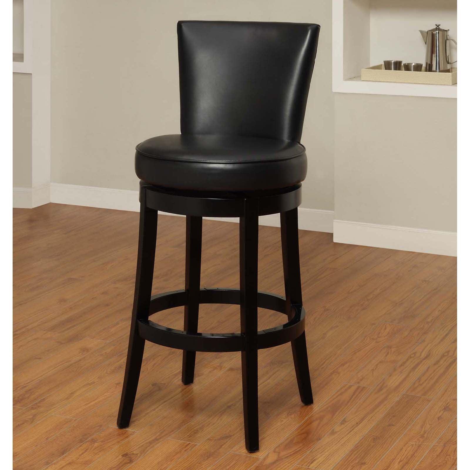 Transitional Black Leather Swivel Barstool with Nailhead Accents