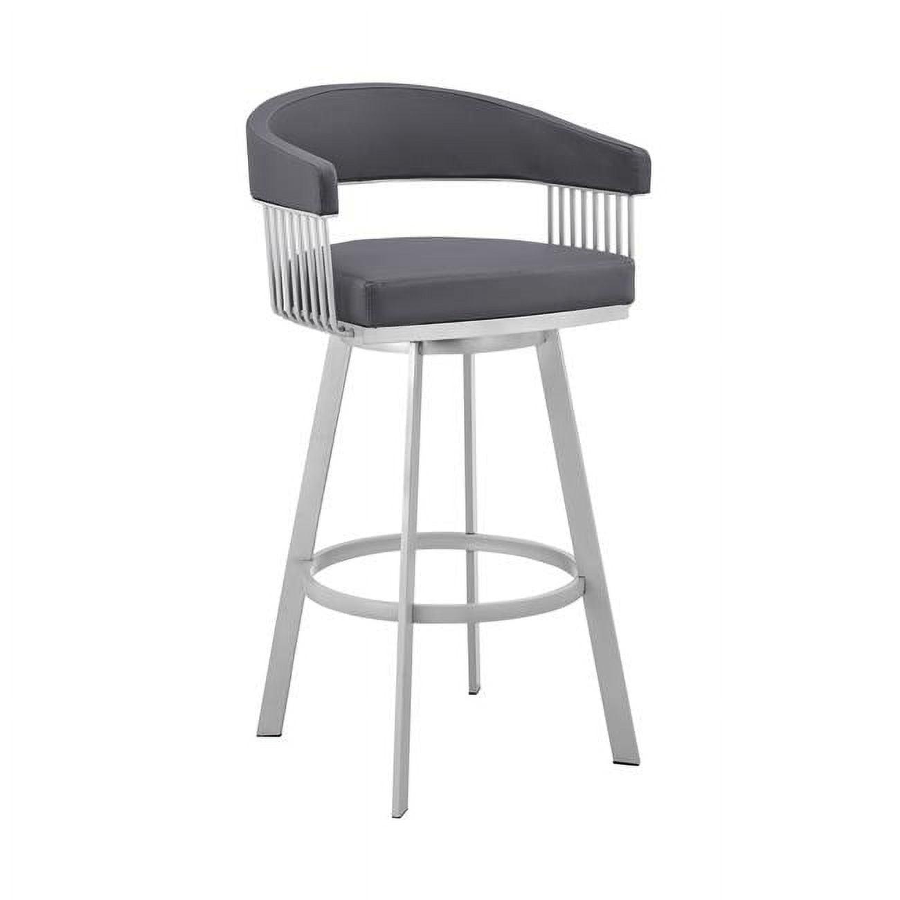 Gray Faux Leather and Silver Metal Swivel Bar Stool