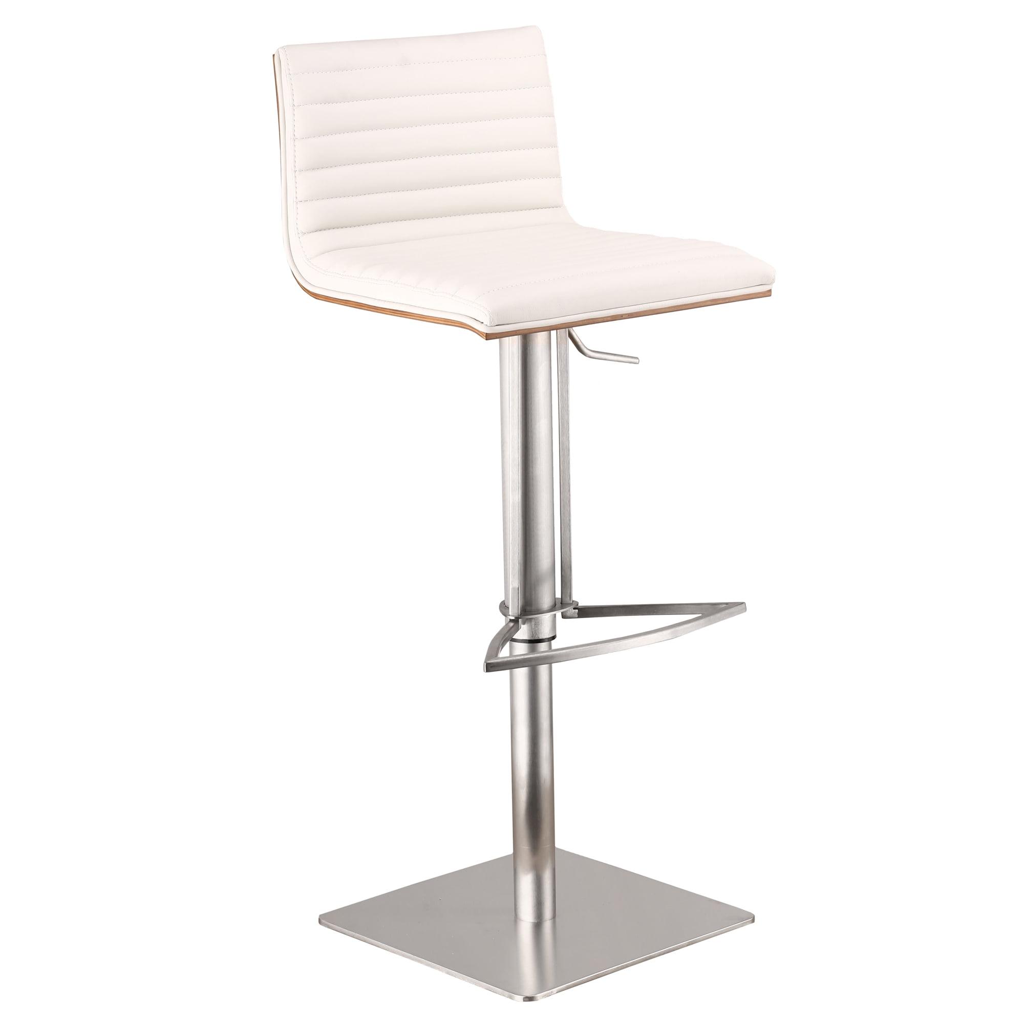 Armen Living Indoor Café Adjustable Height Swivel White Faux Leather and Walnut Bar Stool with Brushed Stainless Steel Base