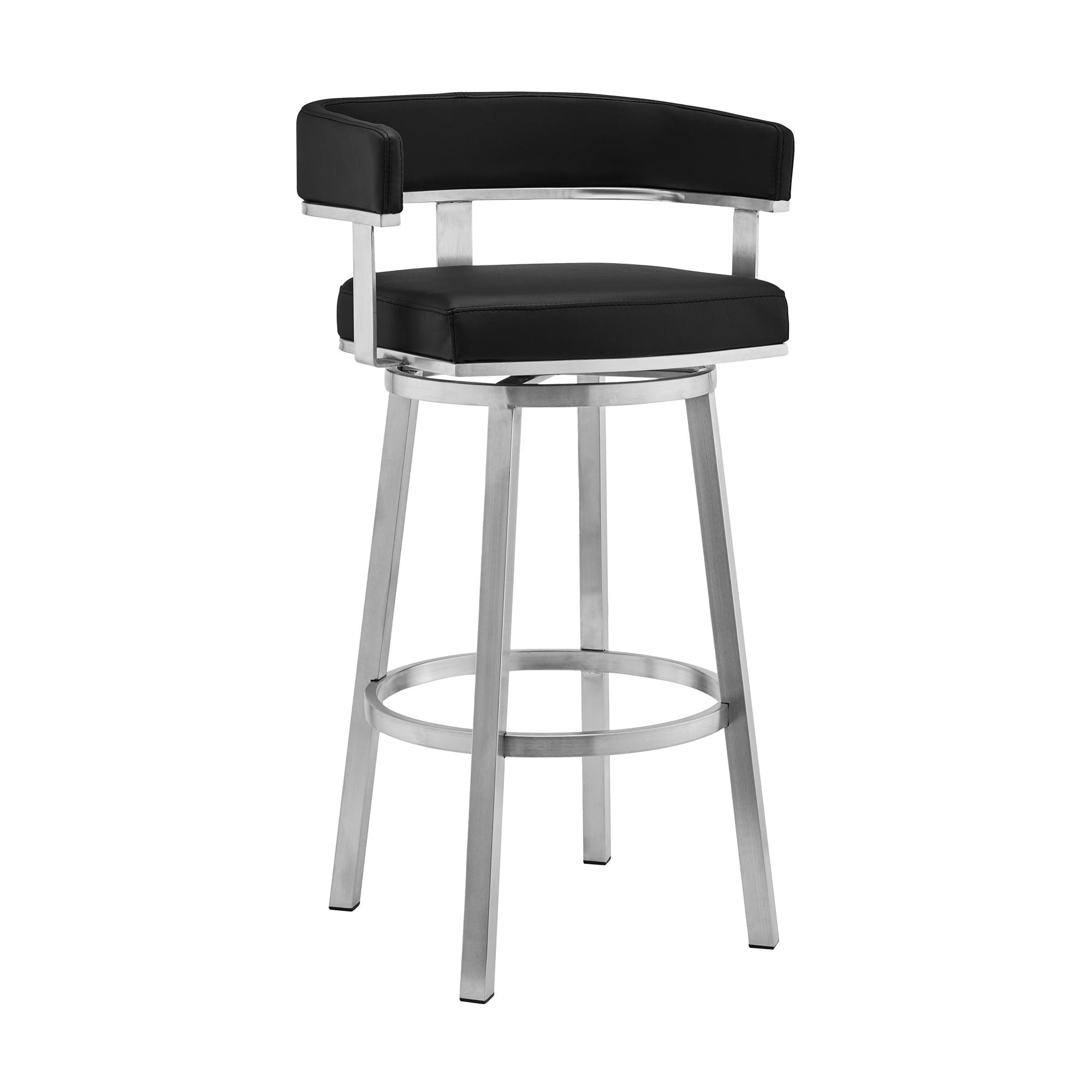 Armen Living Indoor Cohen 30" Black Faux Leather and Brushed Stainless Steel Swivel Bar Stool