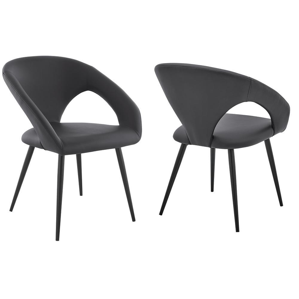 Armen Living Set of 2 Elin Faux Leather and Black Metal Dining Chairs Gray: Curved Back, Foam-Filled, Armless Design