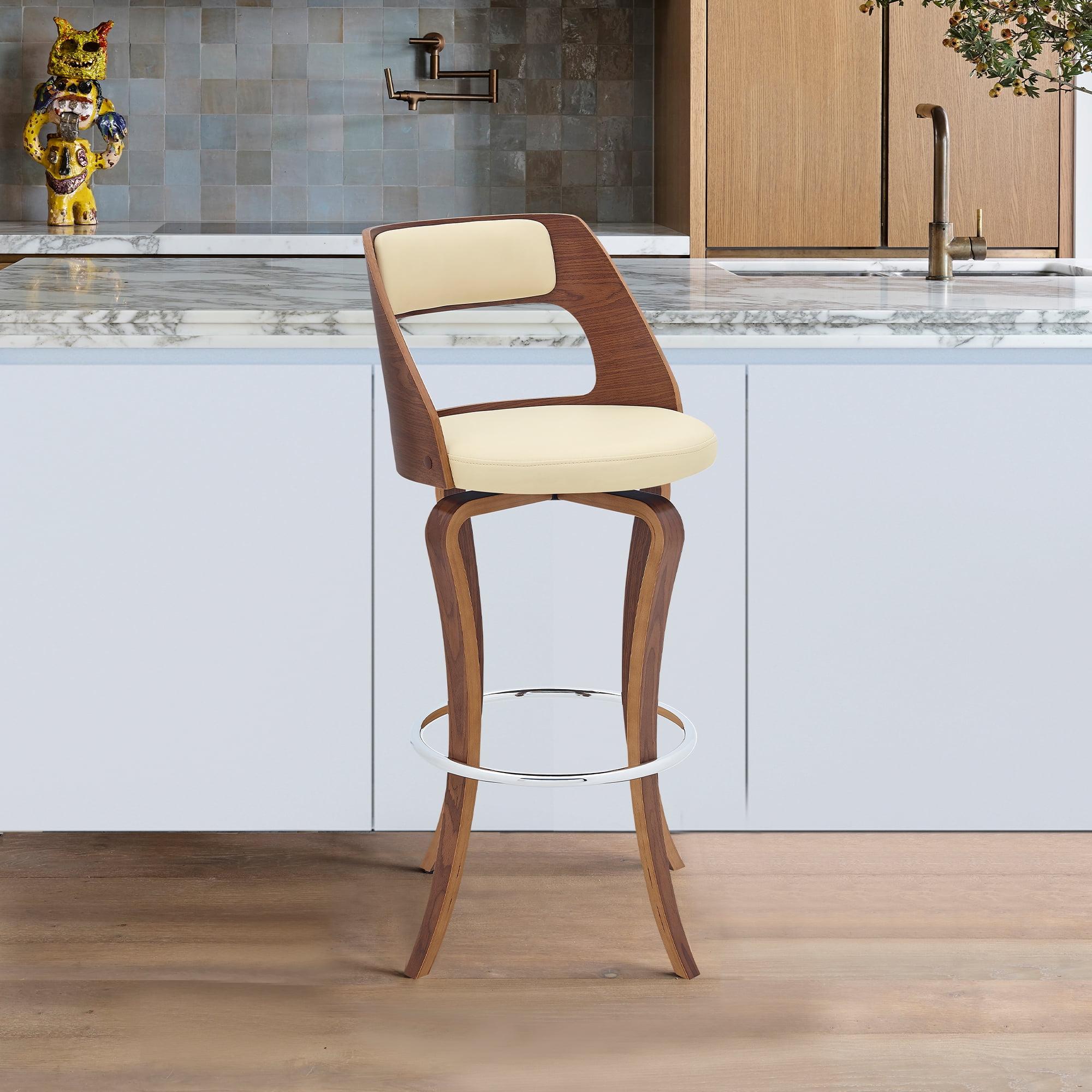 Modern 26" Cream Faux Leather & Walnut Wood Swivel Chair