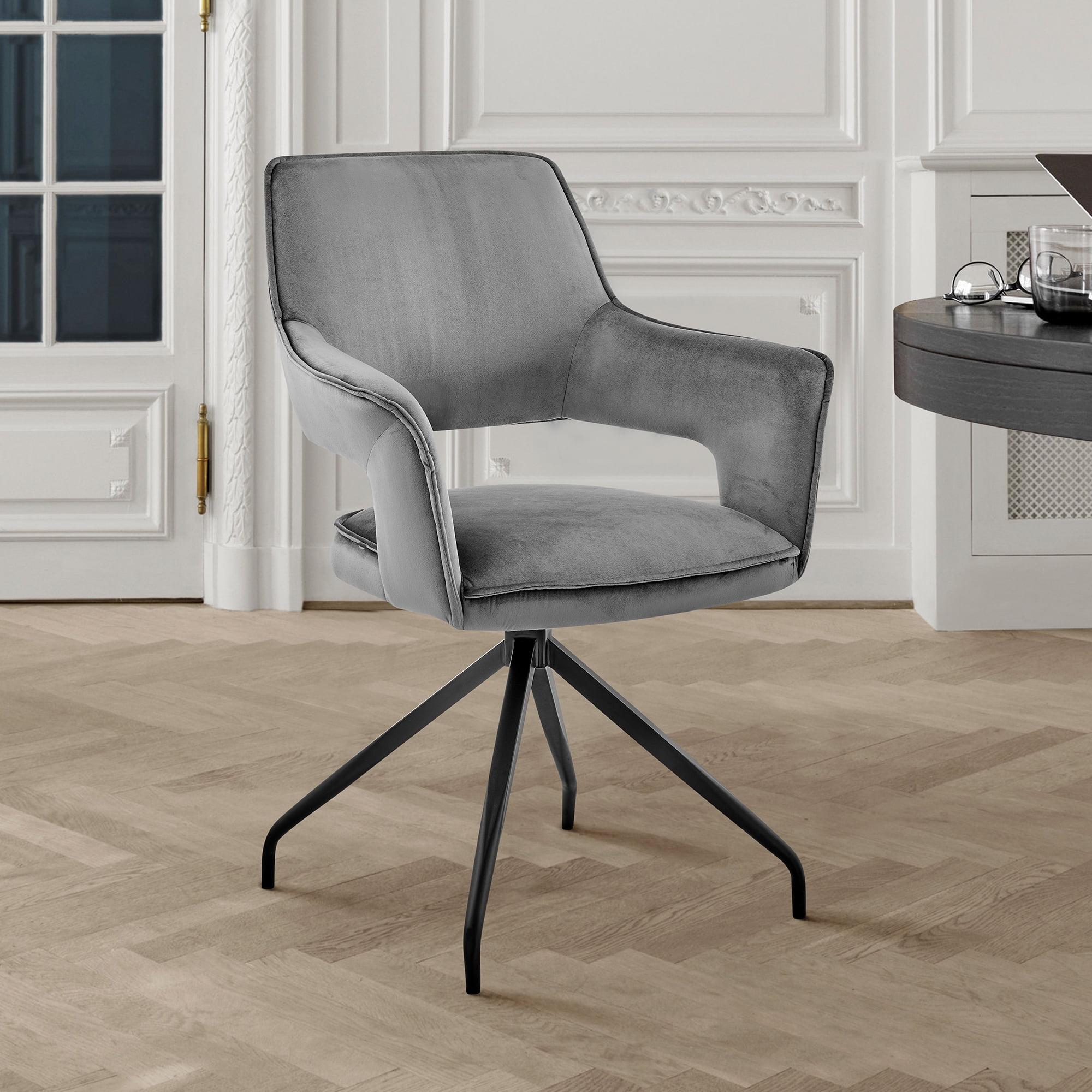 Contemporary Gray Velvet Upholstered Swivel Arm Chair with Metal Base