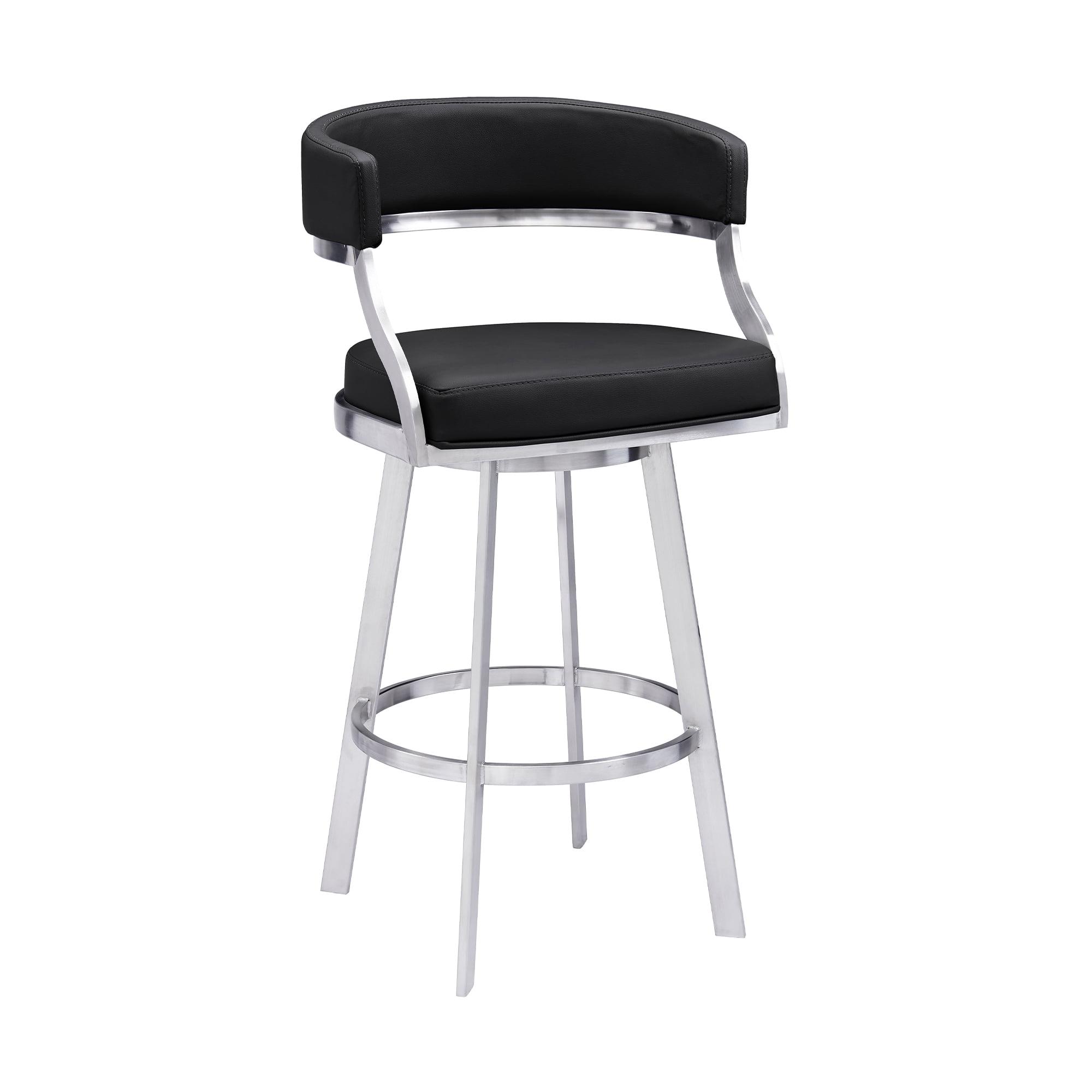 Dione 30" Seat Height Swivel Black Faux Leather and Brushed Stainless Steel Bar Stool for Kitchen Island Counter