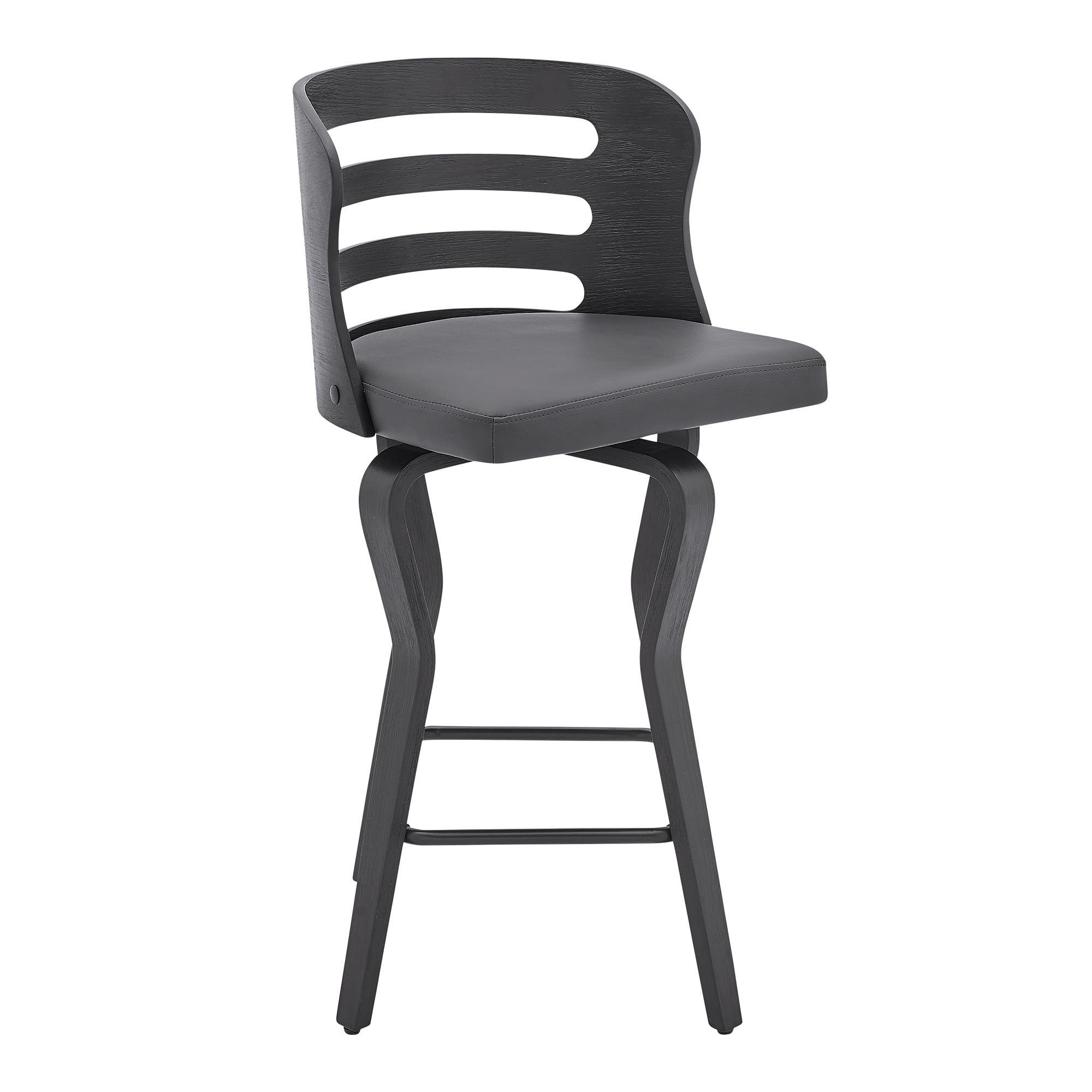 26" Verne Counter Height Barstool with Faux Leather and Wood Finish Black/Gray - Armen Living: Swivel, Indoor Use