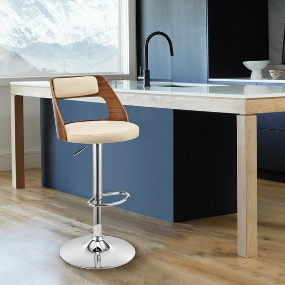 Armen Living Itzan 25-33" Faux Leather/Wood Swivel Bar Stool in Cream/Walnut