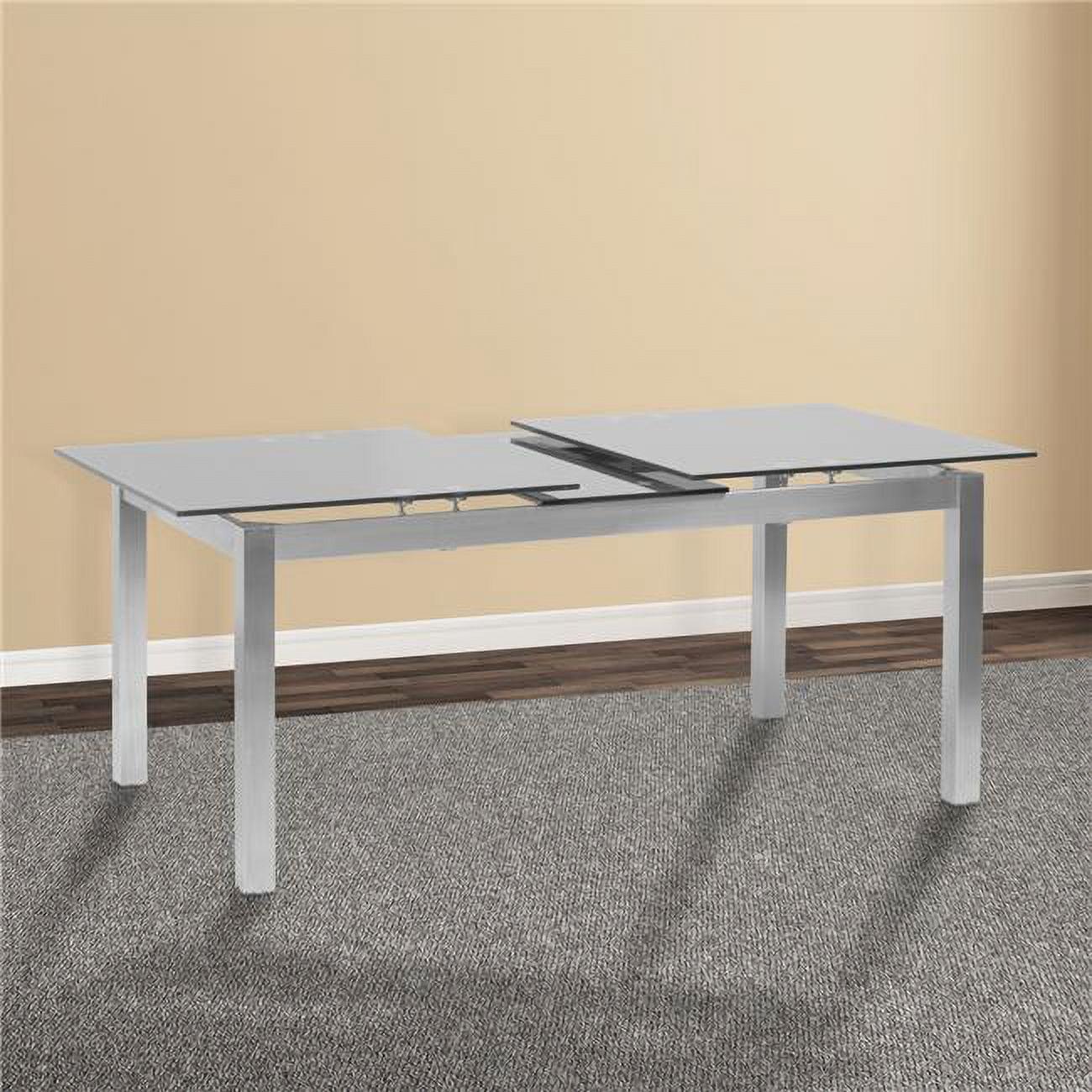 Armen Living IvanExtendable Dining Table in Brushed Stainless Steel and Gray Tempered Glass Top: Modern Self-Storing Leaf, Seats 6