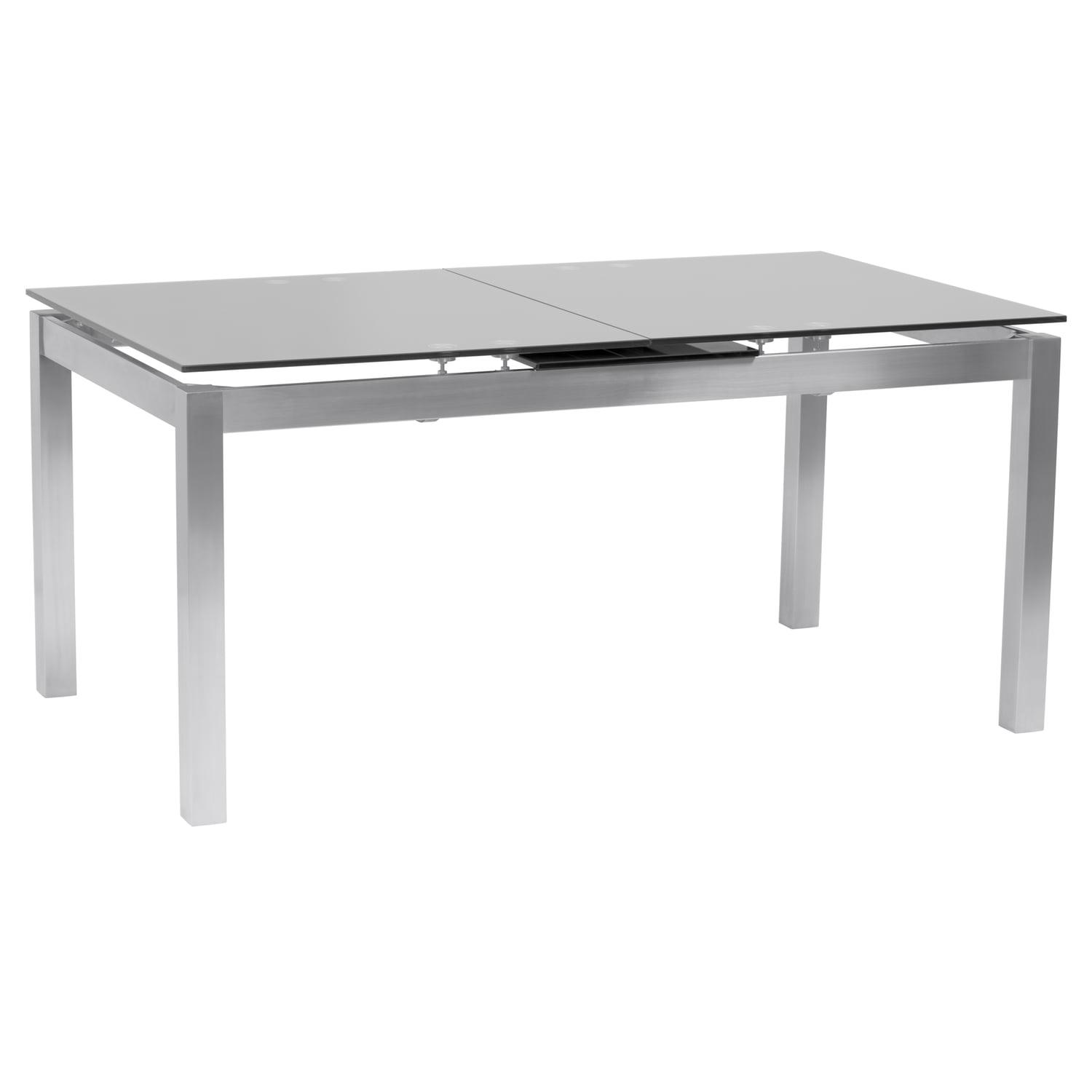 Armen Living IvanExtendable Dining Table in Brushed Stainless Steel and Gray Tempered Glass Top: Modern Self-Storing Leaf, Seats 6