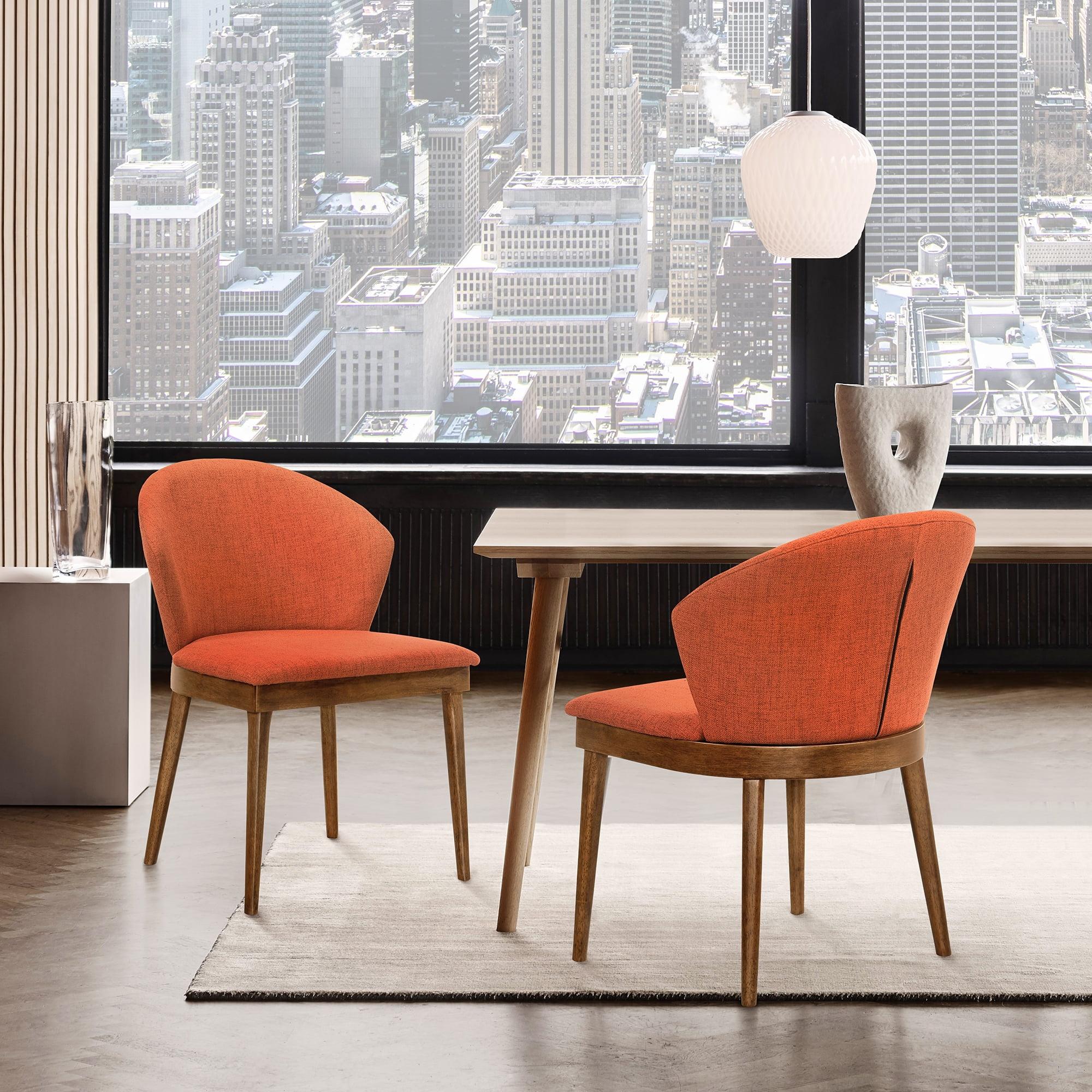 Sleek Orange Fabric Upholstered Side Chair with Walnut Wood Frame