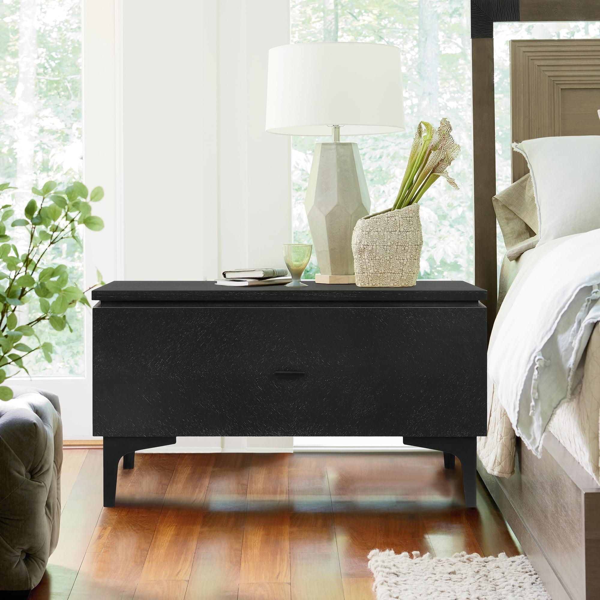 Transitional Black Ash Veneer 1-Drawer Nightstand with Metal Legs