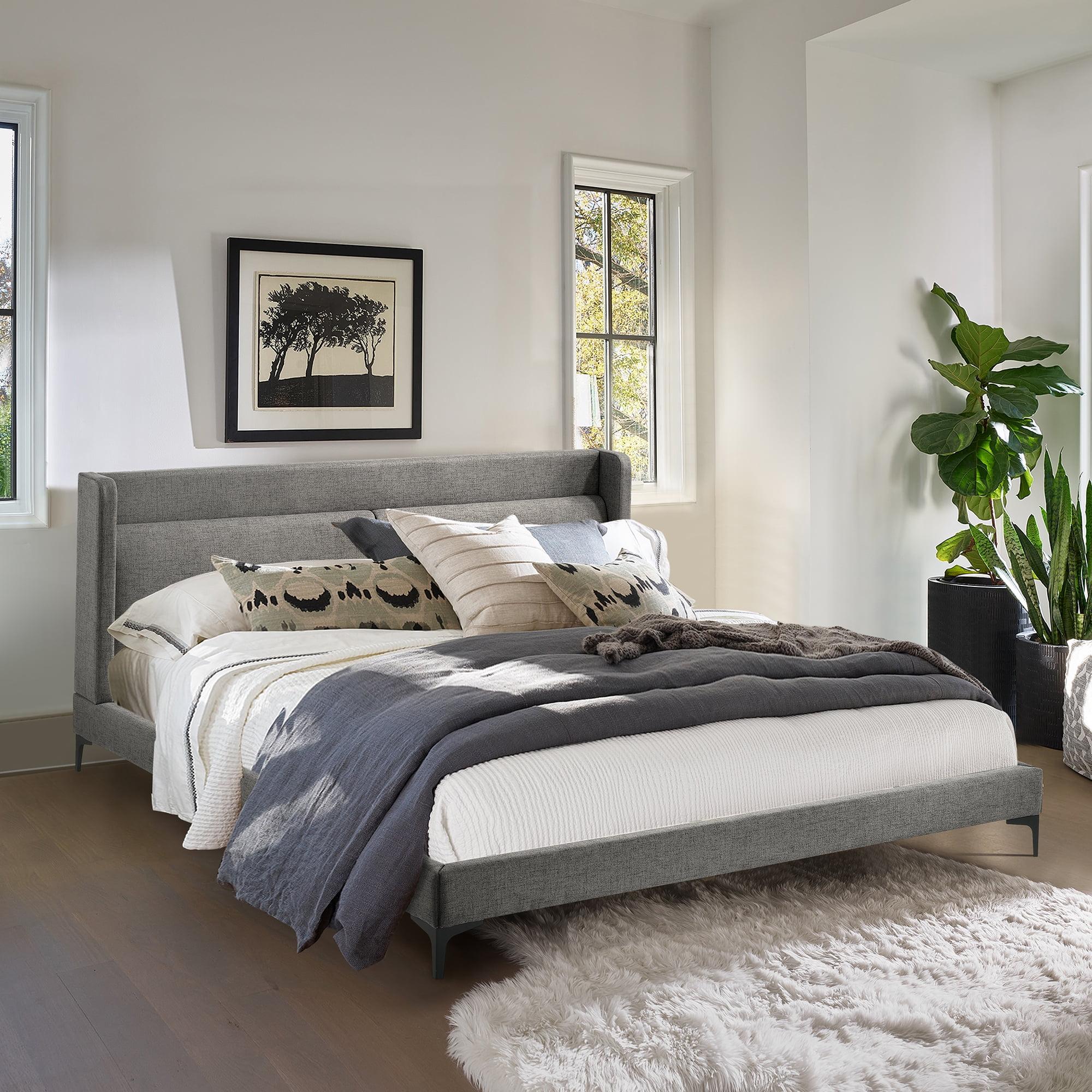 Transitional Gray Fabric King Platform Bed with Storage Drawer