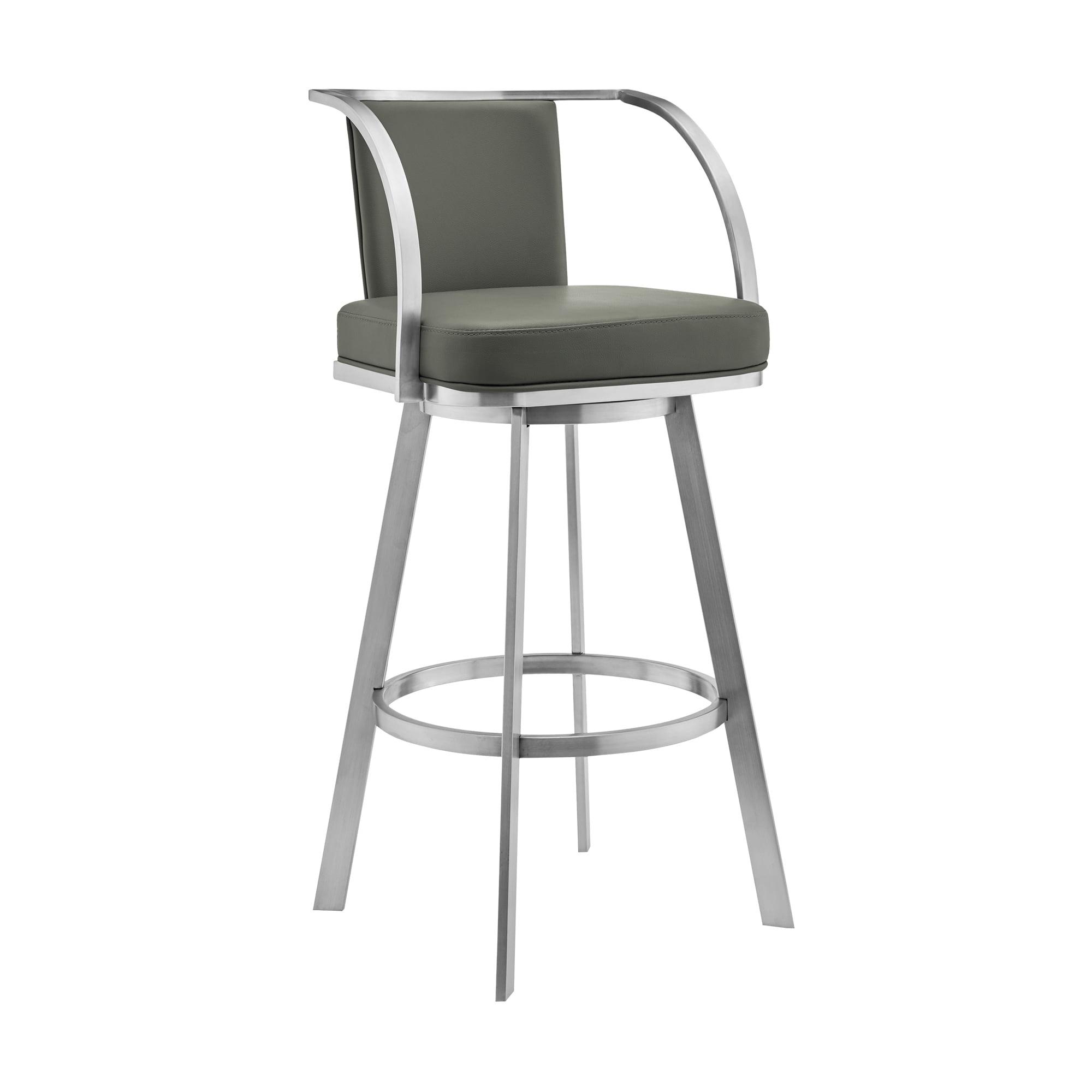 Gray Faux Leather Swivel Bar Stool with Brushed Stainless Steel Frame