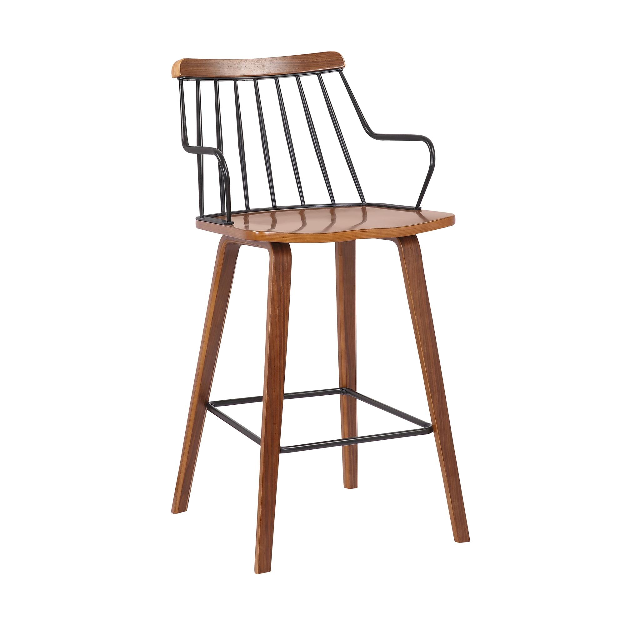 26" Micah Wood Metal Counter Height Barstool Walnut - Armen Living: Square Upholstered, Fixed Seat Height