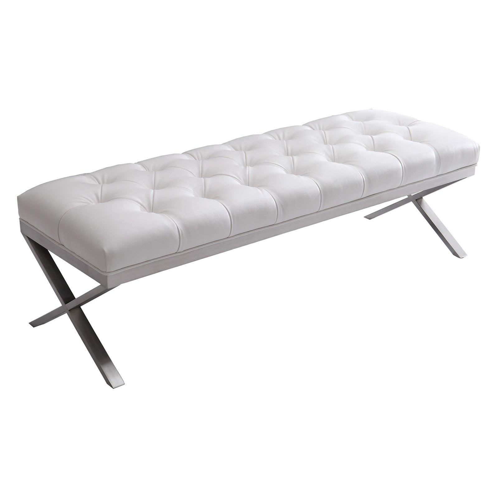 Milo Modern 60'' White Faux Leather Crossed Stainless Steel Bench