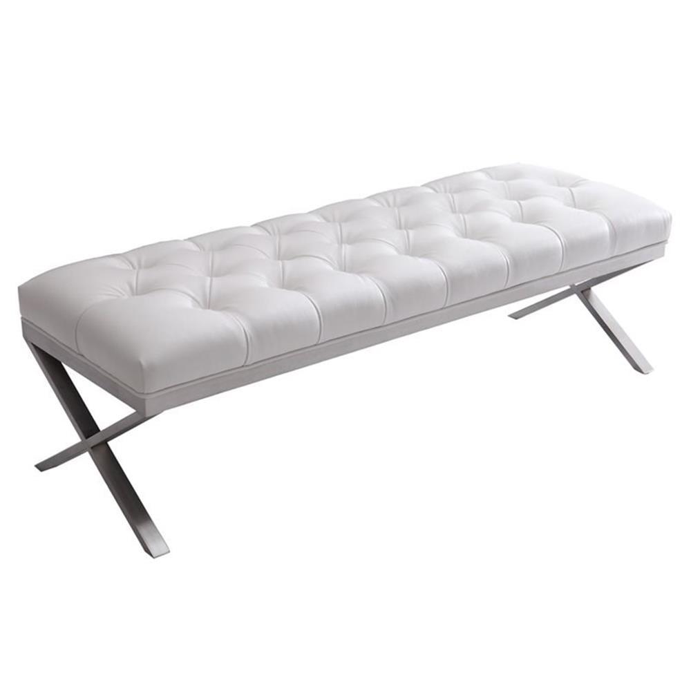 Milo Modern 60'' White Faux Leather Crossed Stainless Steel Bench