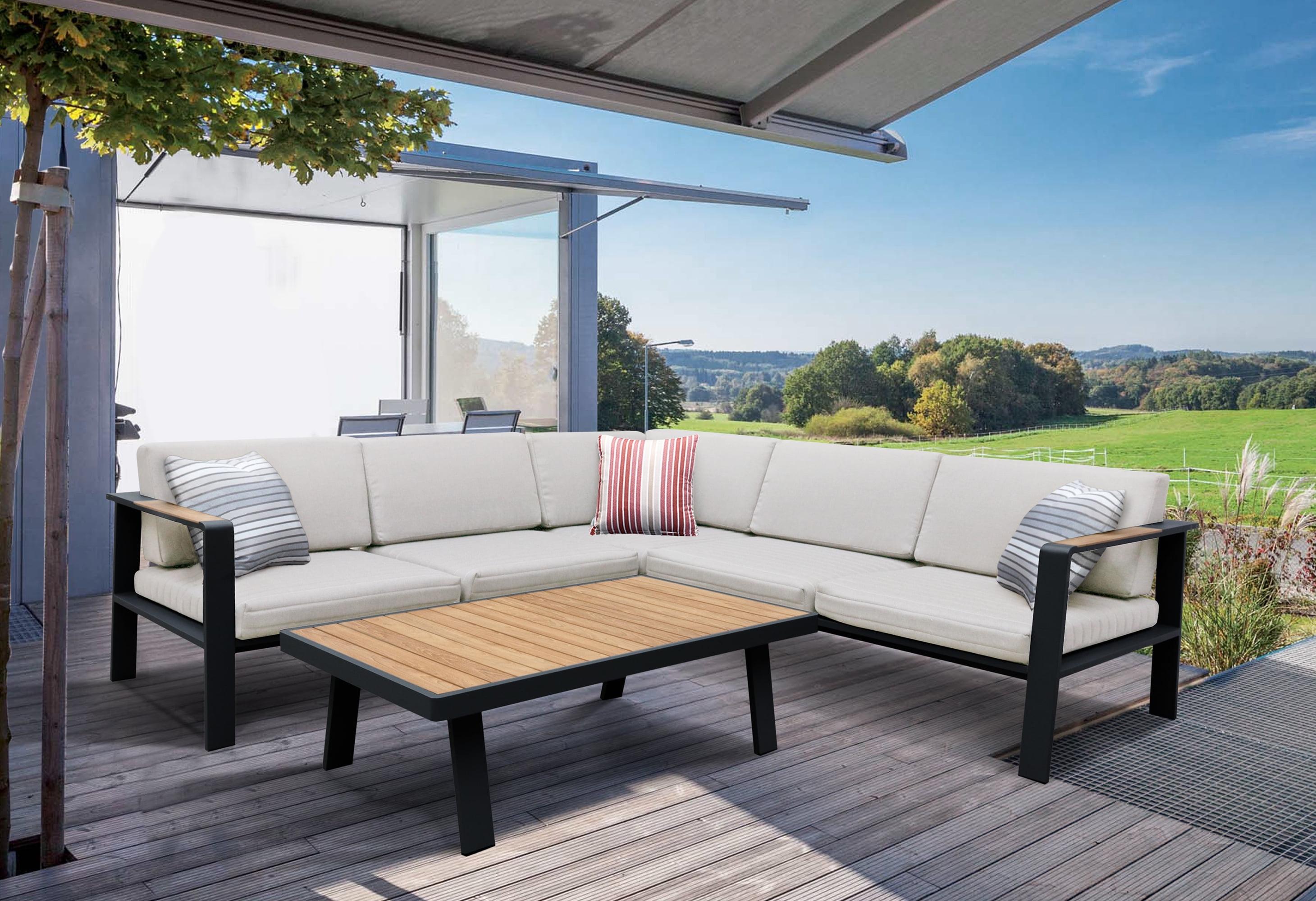 Gray and Taupe 5-Person Teak Wood Outdoor Sectional Set