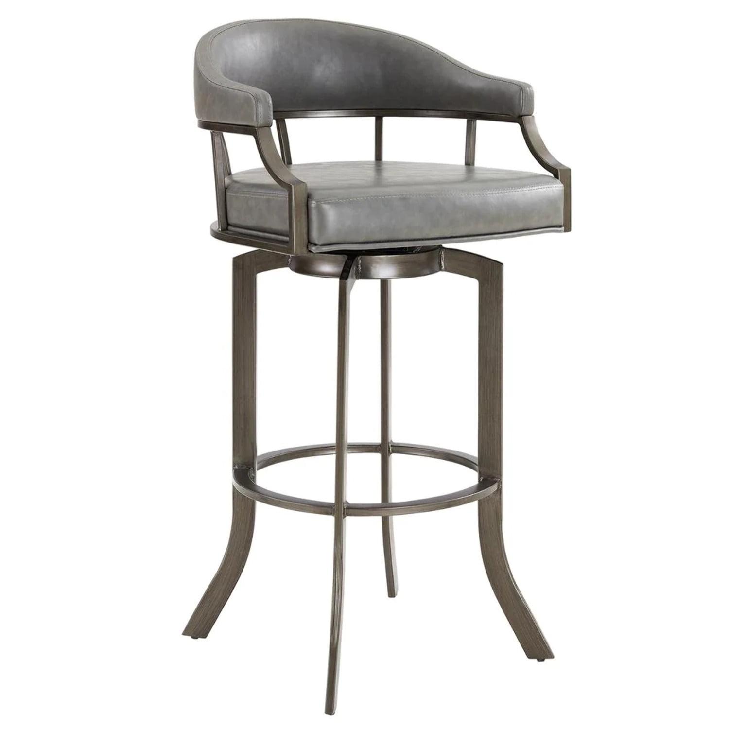 Transitional Gray Leather & Metal Swivel Saddle Stool, 24"W