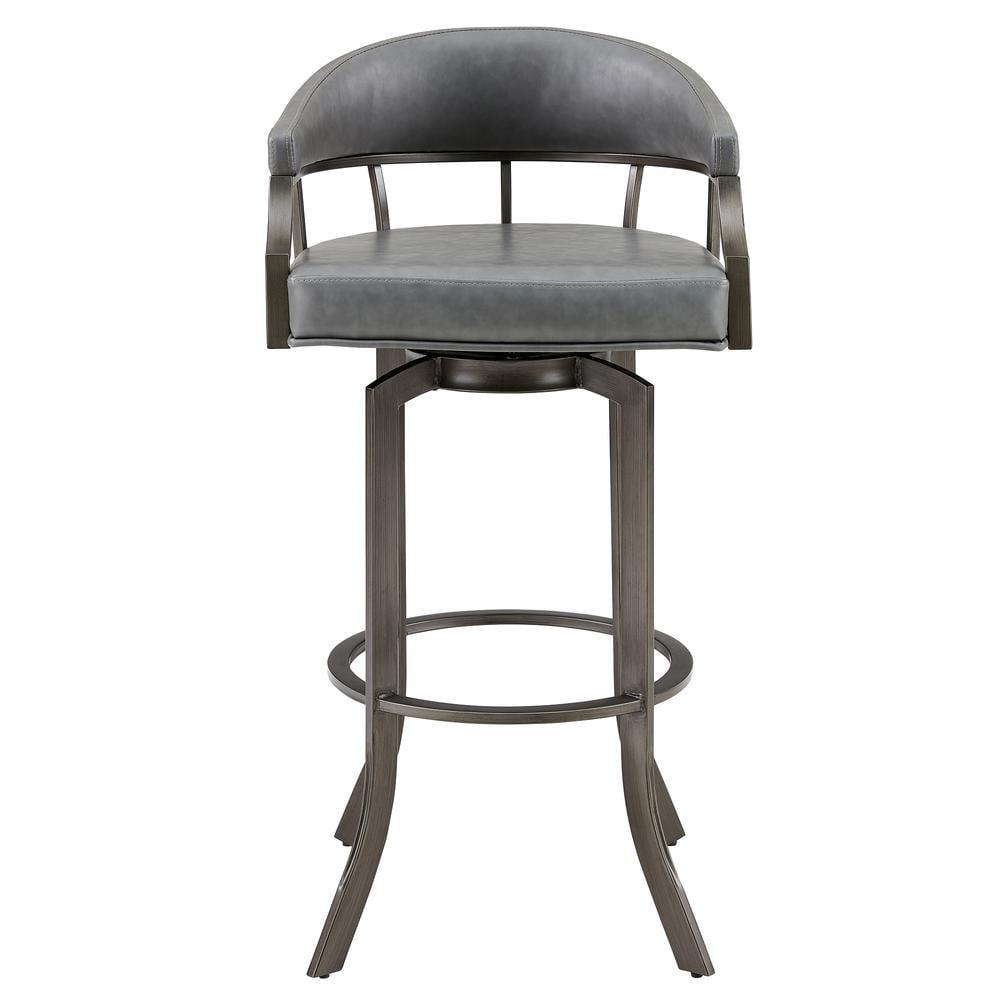 Transitional Gray Leather & Metal Swivel Saddle Stool, 24"W