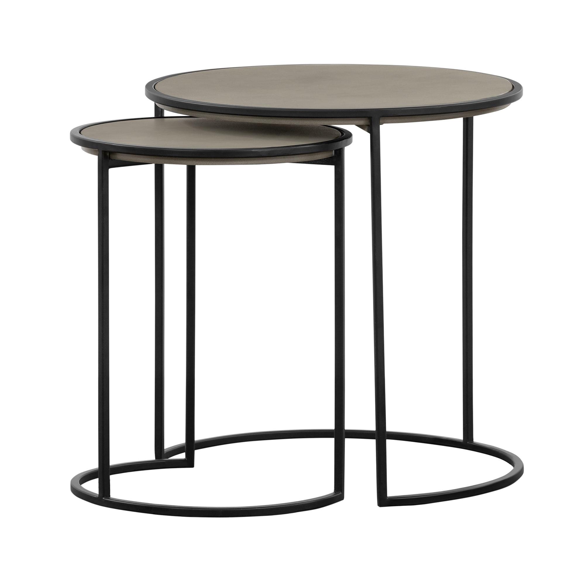 Rina Round Concrete & Black Metal Nesting End Table Set