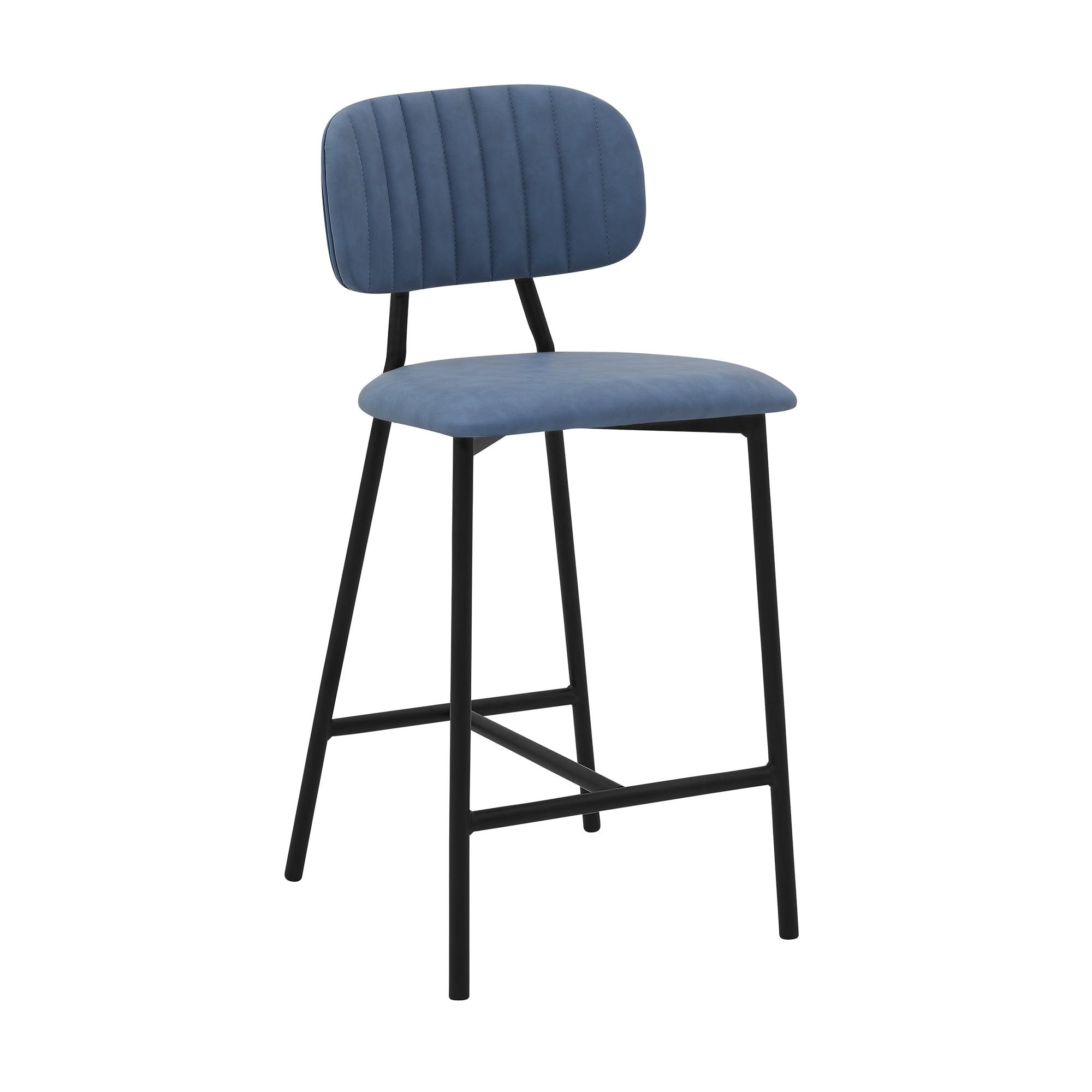 Modern Swivel Blue Leather Counter Stool with Metal Frame