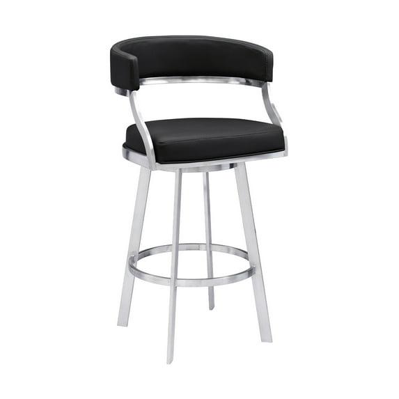 Saturn Modern 30" Seat Height Black Faux Leather and Brushed Stainless Steel Metal Swivel Bar Stool for Kitchen Island Counter