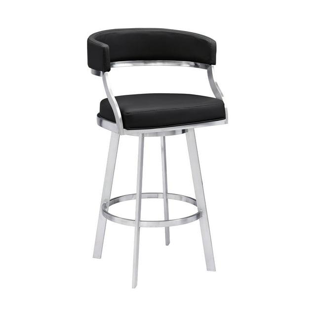 Saturn Modern 30" Seat Height Black Faux Leather and Brushed Stainless Steel Metal Swivel Bar Stool for Kitchen Island Counter