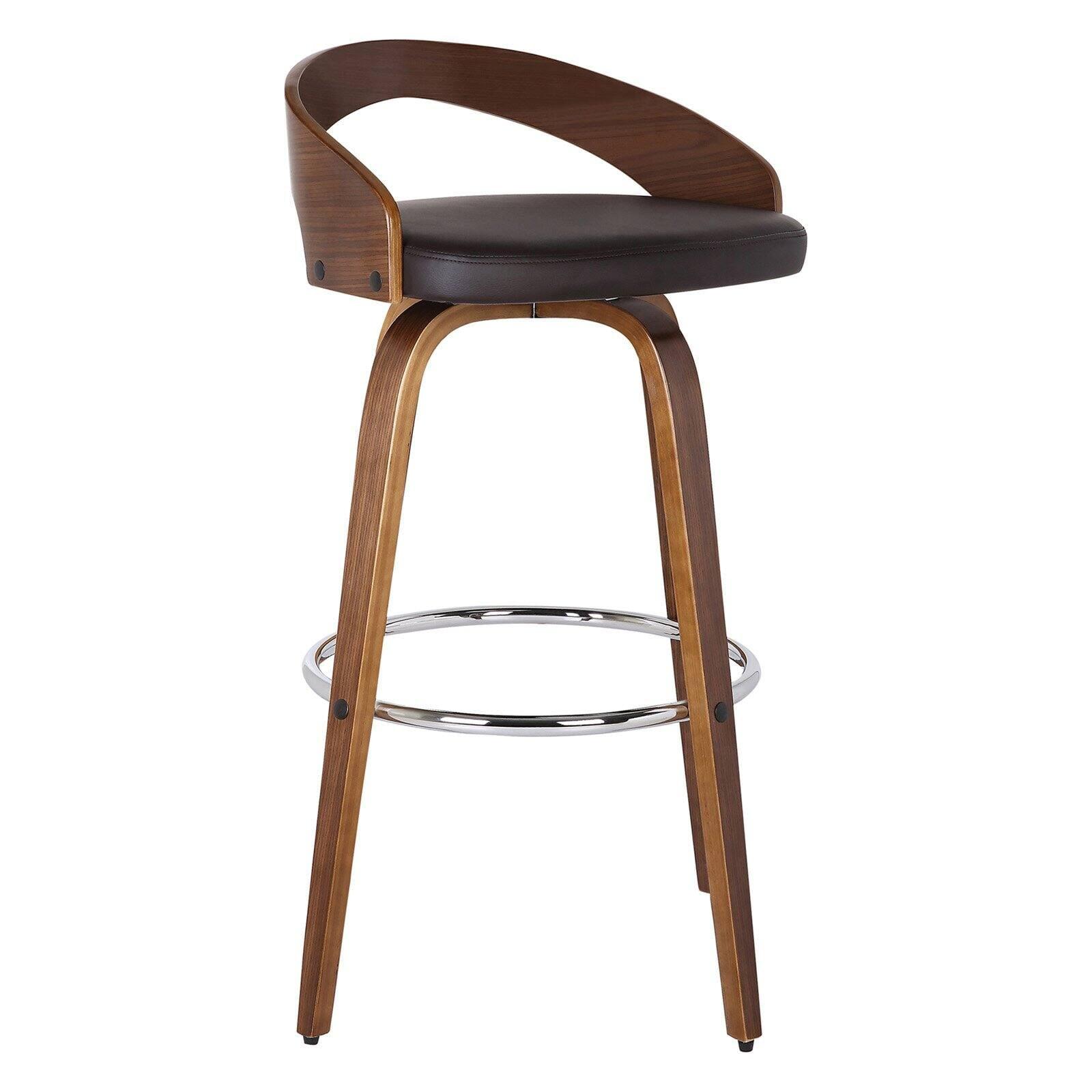 Walnut Wood Finish Swivel Counter Stool with Brown Faux Leather