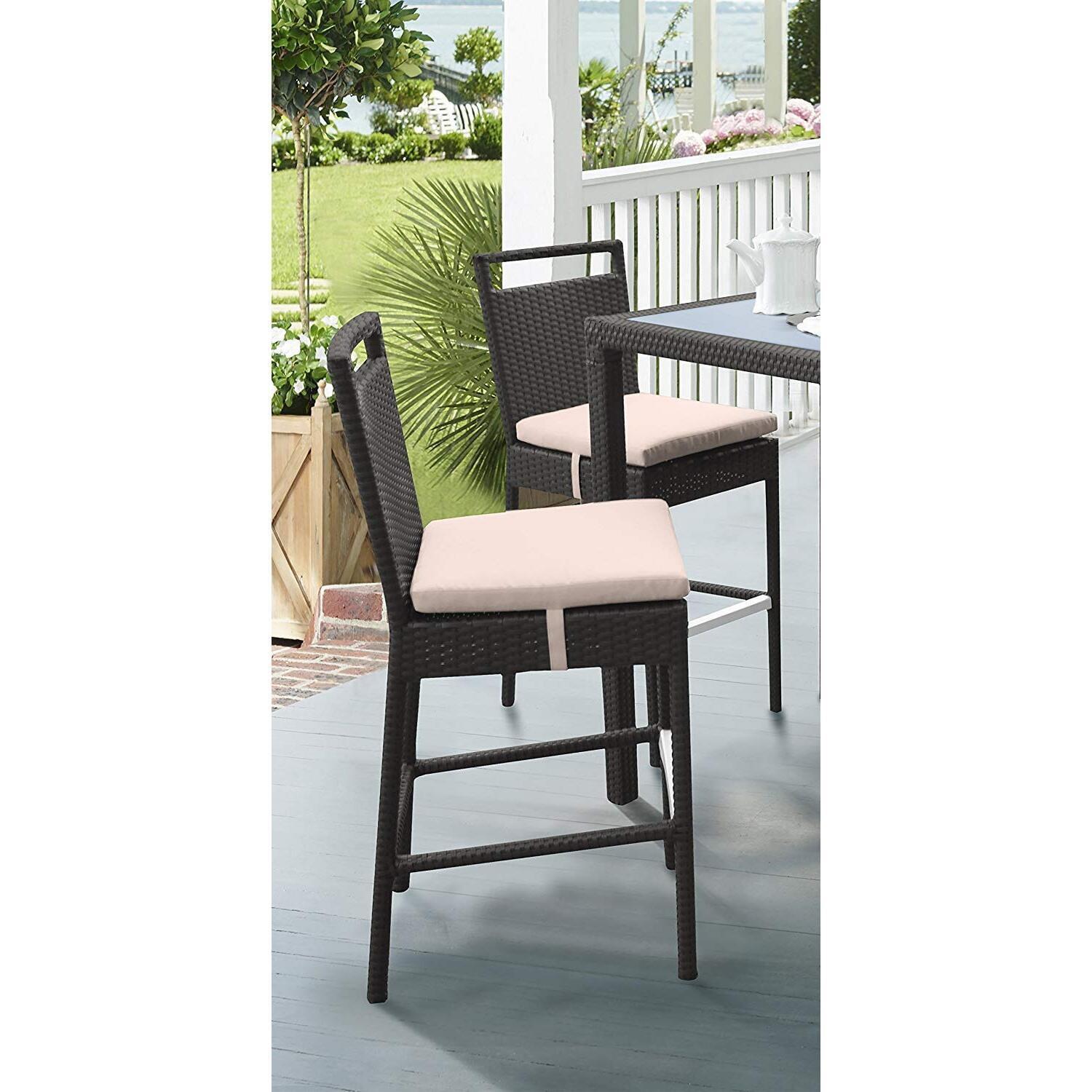 Armen Living Tropez Outdoor Patio Wicker Barstool with Water Resistant Beige Fabric Cushions