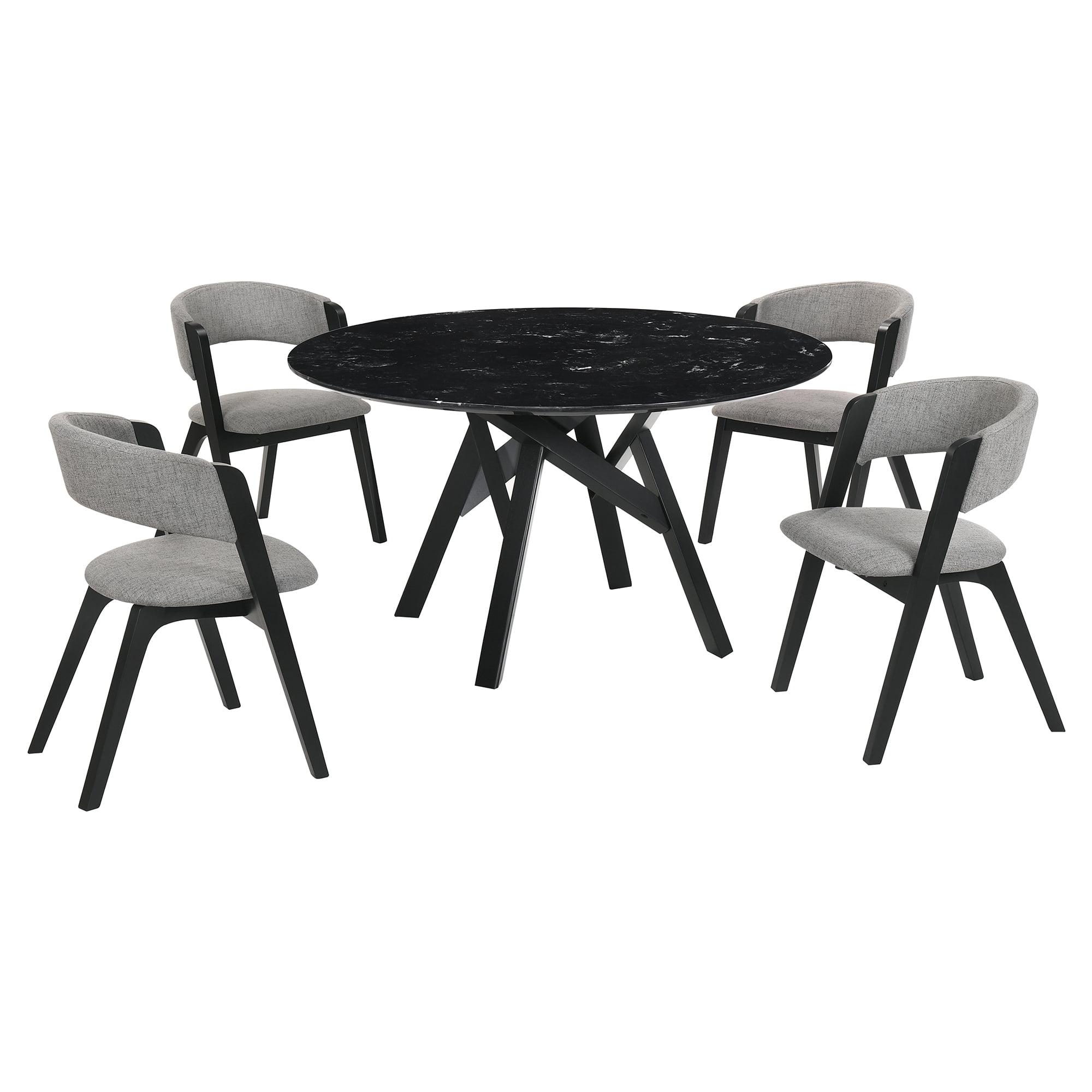 Venus 54" Black Marble Round Dining Table with 4 Gray Upholstered Chairs